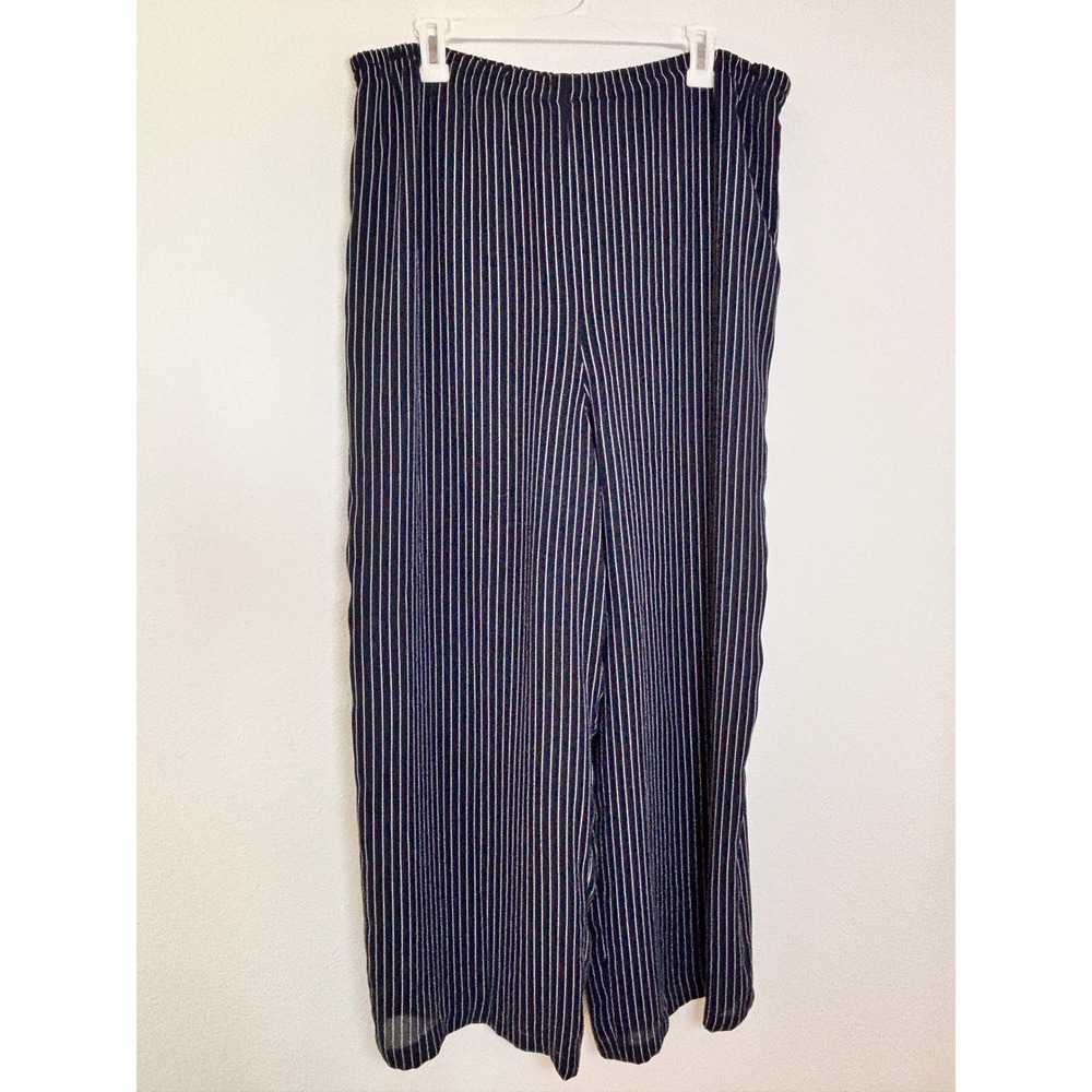 Chaus Navy Blue White Pinstripe Wide Leg Pants Elastic Waist Size 16 Flowy
